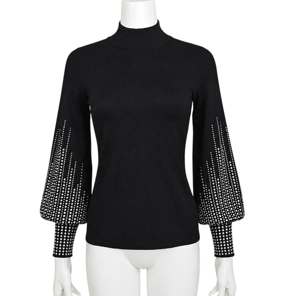 Boston Proper Black Rhinestone Puff Sleeve Mock Neck Sweater Top S Glam